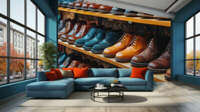 Rows of stylish leather shoes on display in store Wall mural