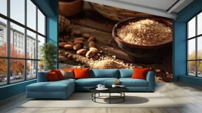 Rustic bowl of grains with almonds on a wooden table Wall mural