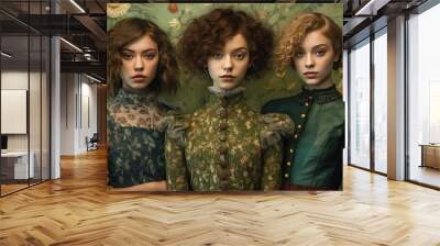 Three beautiful models with elegant hairstyles posing in retro style clothes and expensive luxury jewelry. victorian hairstyle. Ai generative. Wall mural