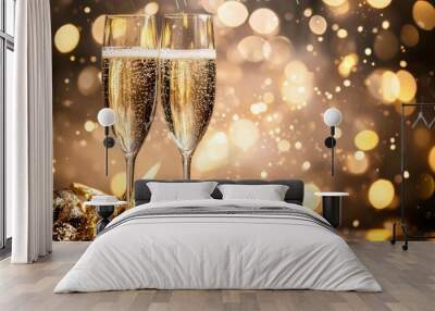 Two champagne glasses with gold festive lights in the background Wall mural