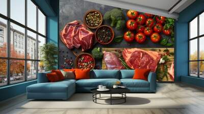 Variety of raw meats with fresh vegetables and spices Wall mural