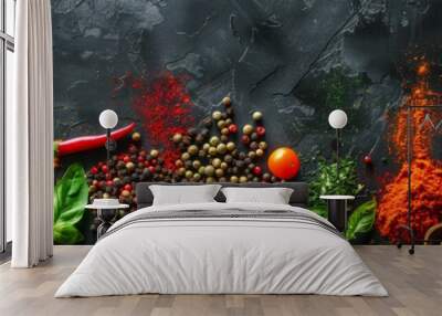 Variety of Spices and Herbs on Dark Background Wall mural