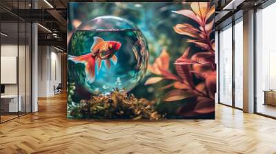 Vibrant goldfish swimming inside a glass bowl with colorful plants Wall mural