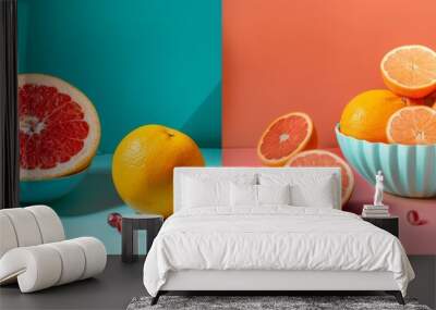 Vibrant grapefruit and citrus fruits on colorful backgrounds Wall mural