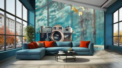 Vintage Camera on Turquoise Wooden Surface Wall mural