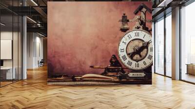 Vintage wallpaper with copy space. Antique desk with clock, inkwell and pen. Wall mural