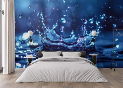 Water Splash with Droplets in Blue Light Wall mural