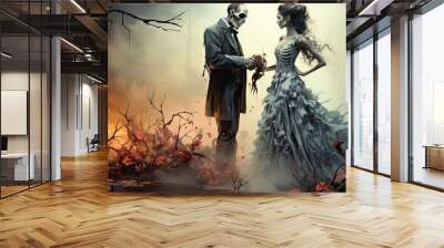 Wedding couple in medieval costumes with vampire style make up standing in the dark, Halloween theme. Wall mural