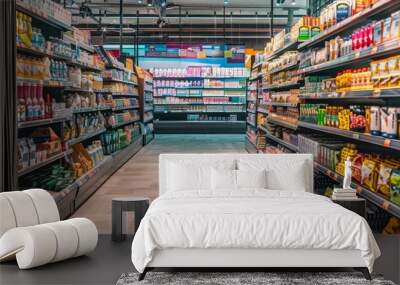 Well-organized supermarket aisle with various products on shelves Wall mural