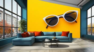 White sunglasses with black lenses on a vibrant yellow background Wall mural