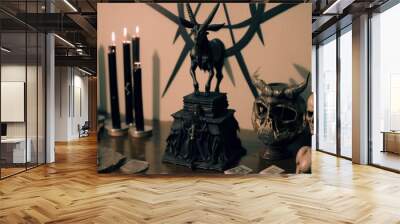 Wiccan altar with magical components, wicker pentacle and cauldron. ai generative. Wall mural