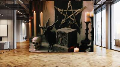 Wiccan altar with magical components, wicker pentacle and cauldron. ai generative. Wall mural