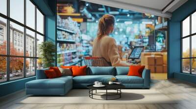 Woman shopping at supermarket with a digital screen on the counter Wall mural