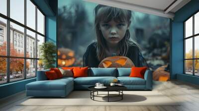 Young girl holding a jack-o'-lantern in eerie Halloween night setting Wall mural