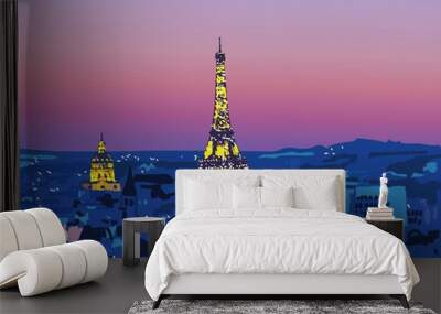 Illustration of the city of paris at night Wall mural