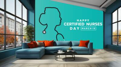 Happy Certified Nurse Day. Stestoscope in the shape of a nurse. Great for Cards, banners, posters, social media and more. Green background. Wall mural