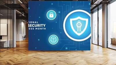 National Cyber Security Awareness Month. Shield, people, earth, search and padlock. Great for cards, banners, posters, social media and more. Blue background. Wall mural