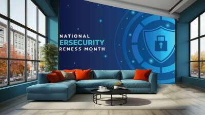 National Cybersecurity Awareness Month. Shield and padlock. Great for cards, banners, posters, social media and more. Blue background.
 Wall mural