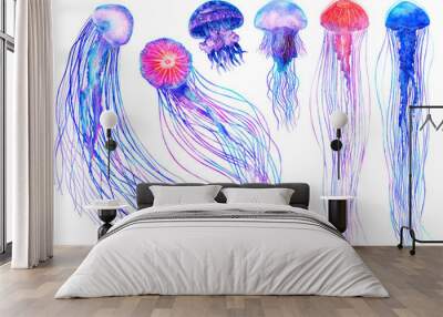 Watercolor jellyfish set in modern bright colors isolated on white background underwater vivid illustration in large size Design element in magic style, purple blue violet glow pink fluid colorful Wall mural