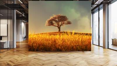 lonely tree in a cultivated field Wall mural