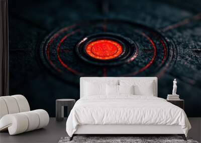 A close-up view of a glowing red element on a textured black surface in a dimly lit environment Wall mural