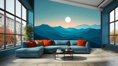 A tranquil sunset over rolling hills in a serene blue hue illuminating the landscape Wall mural