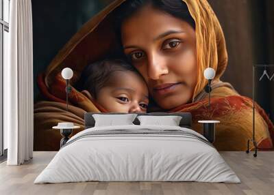 Close up of a Indian mother holding her newborn son on her arms Wall mural