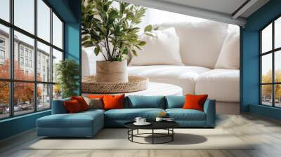 Close up of a sofa, coffee table and plants in a minimalistic living room staging Wall mural