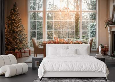 Cozy holiday dining setup with a decorated Christmas tree and a sunlit view of the garden in a warm, inviting home Wall mural