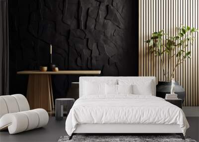 Grey wall panels and a black side table in minimalistic interior design composition. Generative AI Wall mural