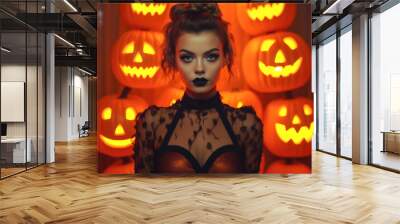 Halloween woman holding a carved pumpkin in a spooky halloween outfit. Wall mural