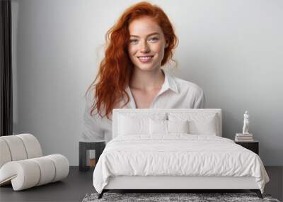 Happy attractive young woman with wavy red hair and freckles isolated over white background. Generative AI. Wall mural