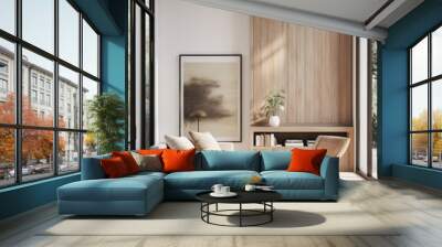 Luxury living room interior composition with a paneled wall, a sofa a window next to them. Wall mural