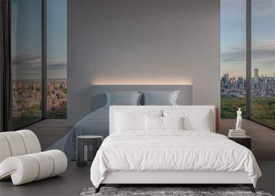 Modern bedroom with large windows showcasing a city skyline view and natural surroundings Wall mural