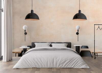 Modern dining space with black pendant lights and a wooden table surrounded by sleek black chairs Wall mural