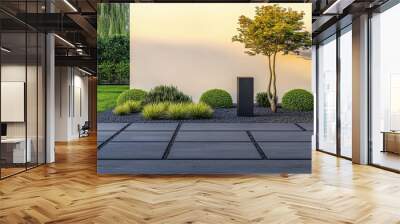 Modern garden landscape design featuring sleek stone walkway and minimalist greenery in afternoon light Wall mural