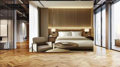 Modern hotel room with elegant bedding and stylish decor. Neutral tones and use of natural light. Wall mural