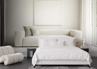 Modern living room featuring a light-colored sofa and wooden coffee table with minimalist decor and large windows allowing natural light Wall mural