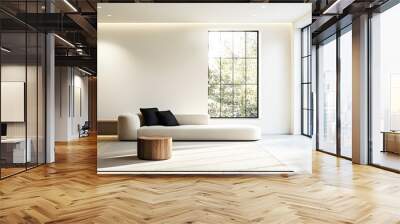 Modern minimalist living room design with large windows and natural light in a serene setting Wall mural