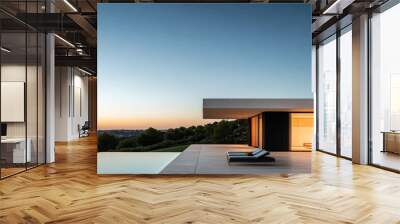 Modern villa with stunning sunset view and infinity pool in serene hillside location Wall mural