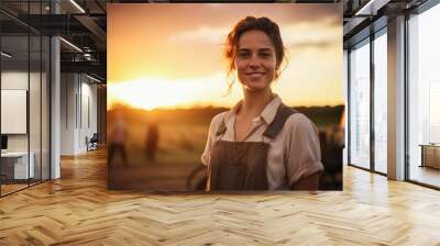 Portrait of a beautiful young farmer woman in her farm at sunset. Generative AI. Wall mural