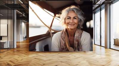 Senior woman on the deck of a boat smiling at the camera while on holidays Wall mural