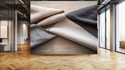 Textured fabric pieces intersecting on a light wooden surface during daylight hours Wall mural