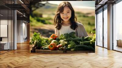 Young Korean girl with a wooden box of fresh vegetables. Generative AI. Wall mural