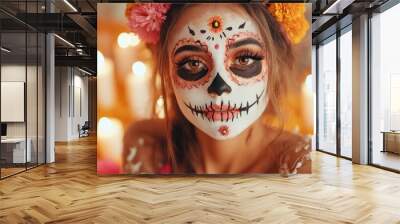 Selfie on Day of the Dead with traditional dress and flowers Wall mural