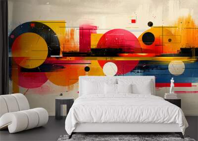 A painting of circles and squares with a red and yellow background Wall mural