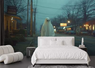 kid wearing a sheet ghost costume celebrating Halloween in a typical american town Wall mural