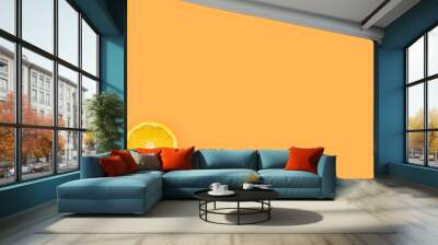 Top view of a one orange fruit slice on bright background in orange color Wall mural