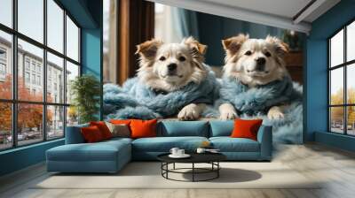 dogs in blue fluffy blanket Wall mural