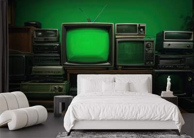 vintage TV green screen old electronics stack static Wall mural